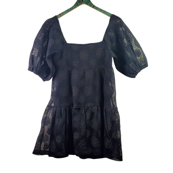 ASOS Embroidered Black Flower Mesh Lined Babydoll Short Puff Sleeve Dress, Sz 4 - Picture 2 of 9